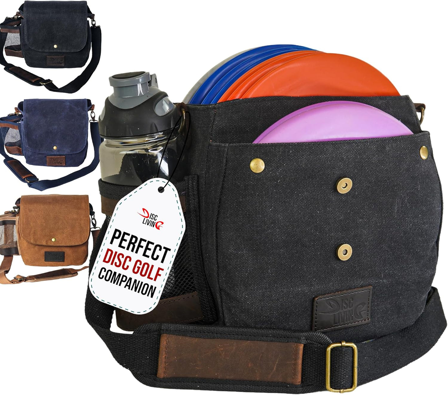 Disc Golf Bag | Frisbee Golf Bag | Easy to Carry | Lightweight Fits up to 10 Discs | 16 Oz Waxed Canvas Sturdy Design | Belt Loop | Double Button Design | Bottle Holder