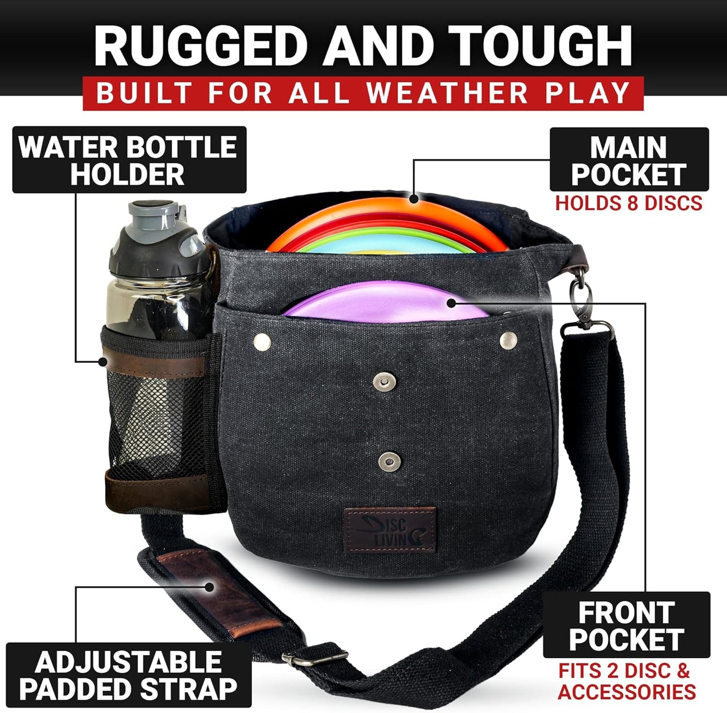 Disc Golf Bag | Frisbee Golf Bag | Easy to Carry | Lightweight Fits up to 10 Discs | 16 Oz Waxed Canvas Sturdy Design | Belt Loop | Double Button Design | Bottle Holder