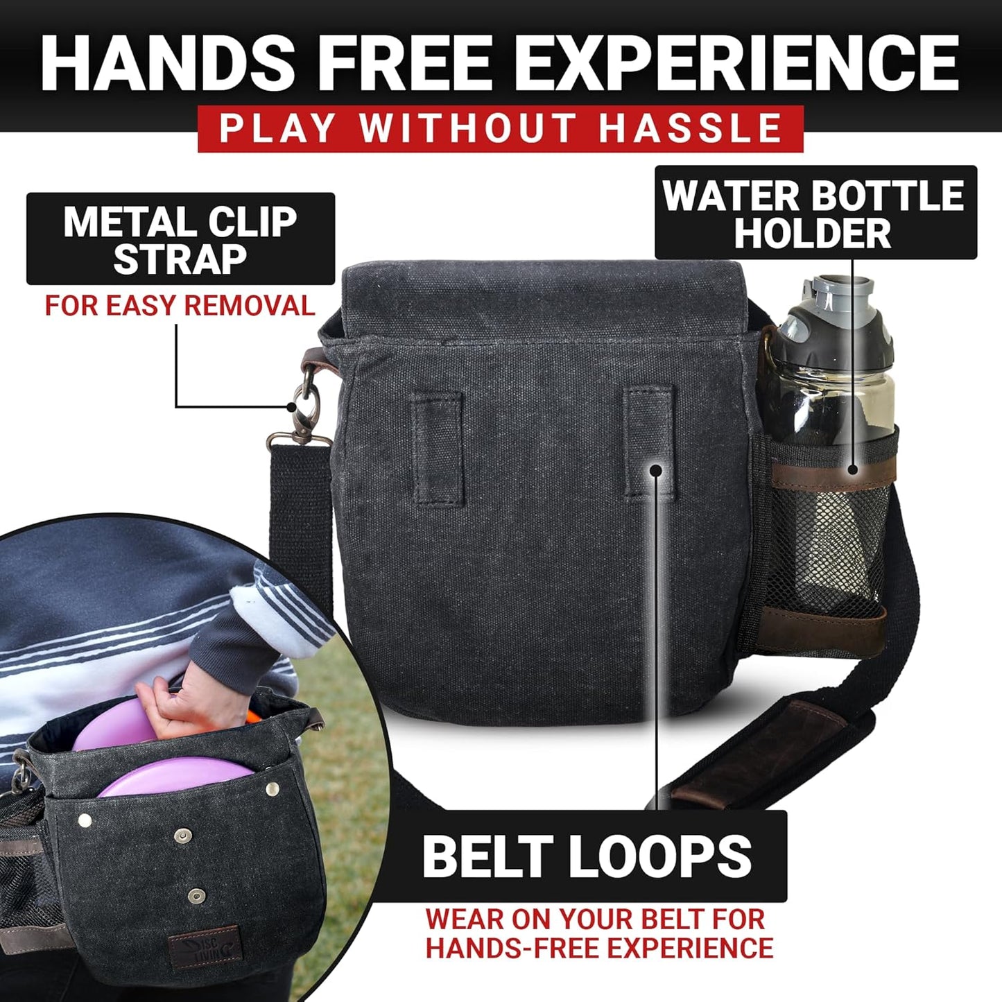 Disc Golf Bag | Frisbee Golf Bag | Easy to Carry | Lightweight Fits up to 10 Discs | 16 Oz Waxed Canvas Sturdy Design | Belt Loop | Double Button Design | Bottle Holder